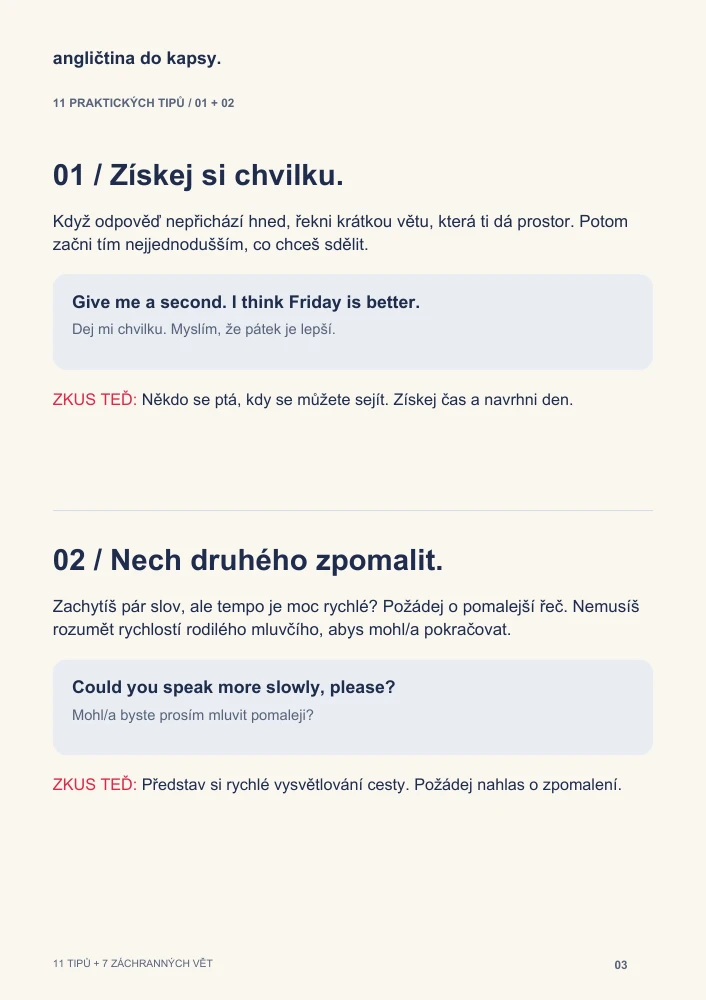 Skutečná stránka e-booku se dvěma tipy, anglickými příklady a úkoly